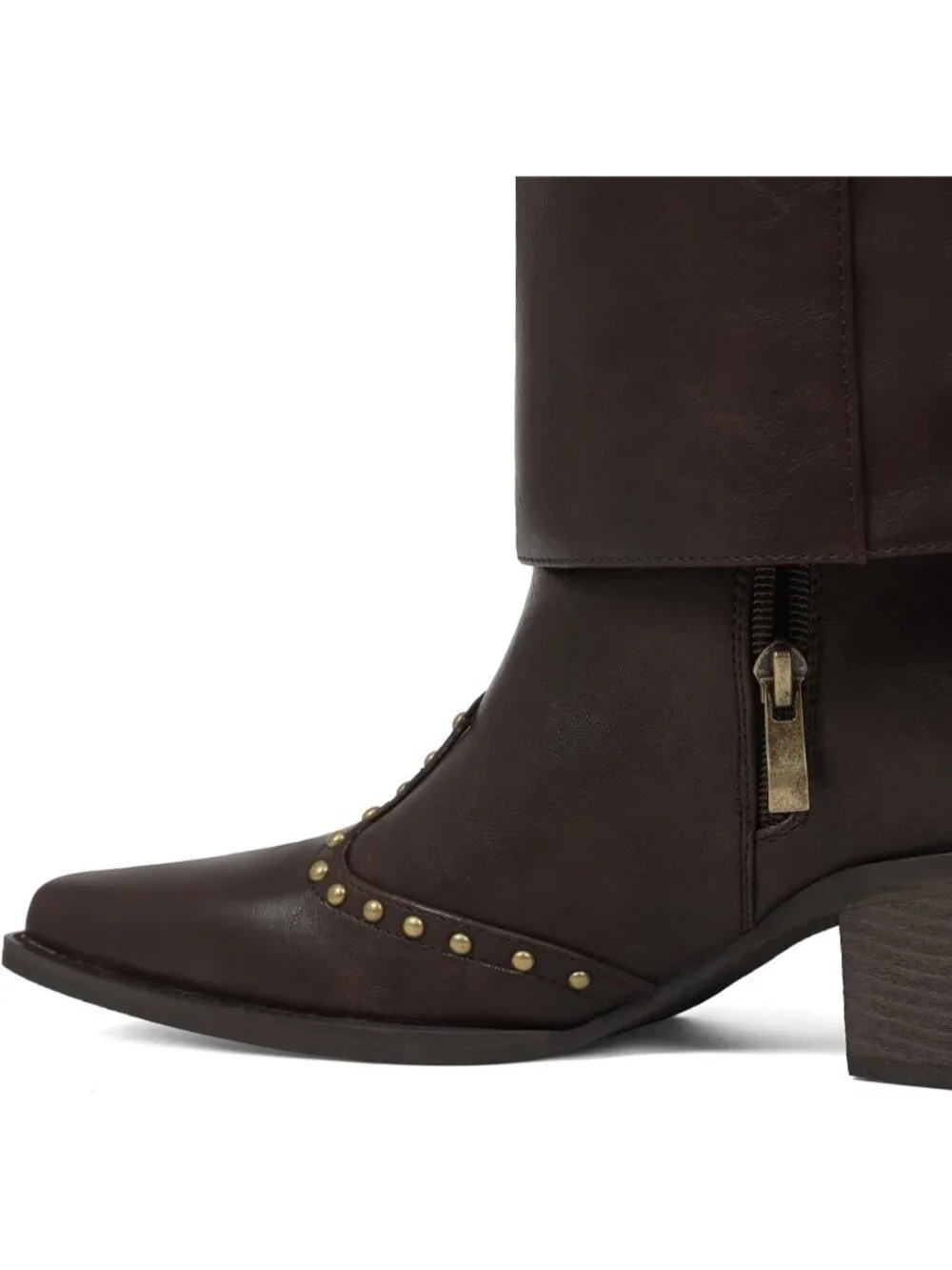 Women's Chocolate Polyurethane (PU) Studded Fold Over Knee High Chunky Heel Boot